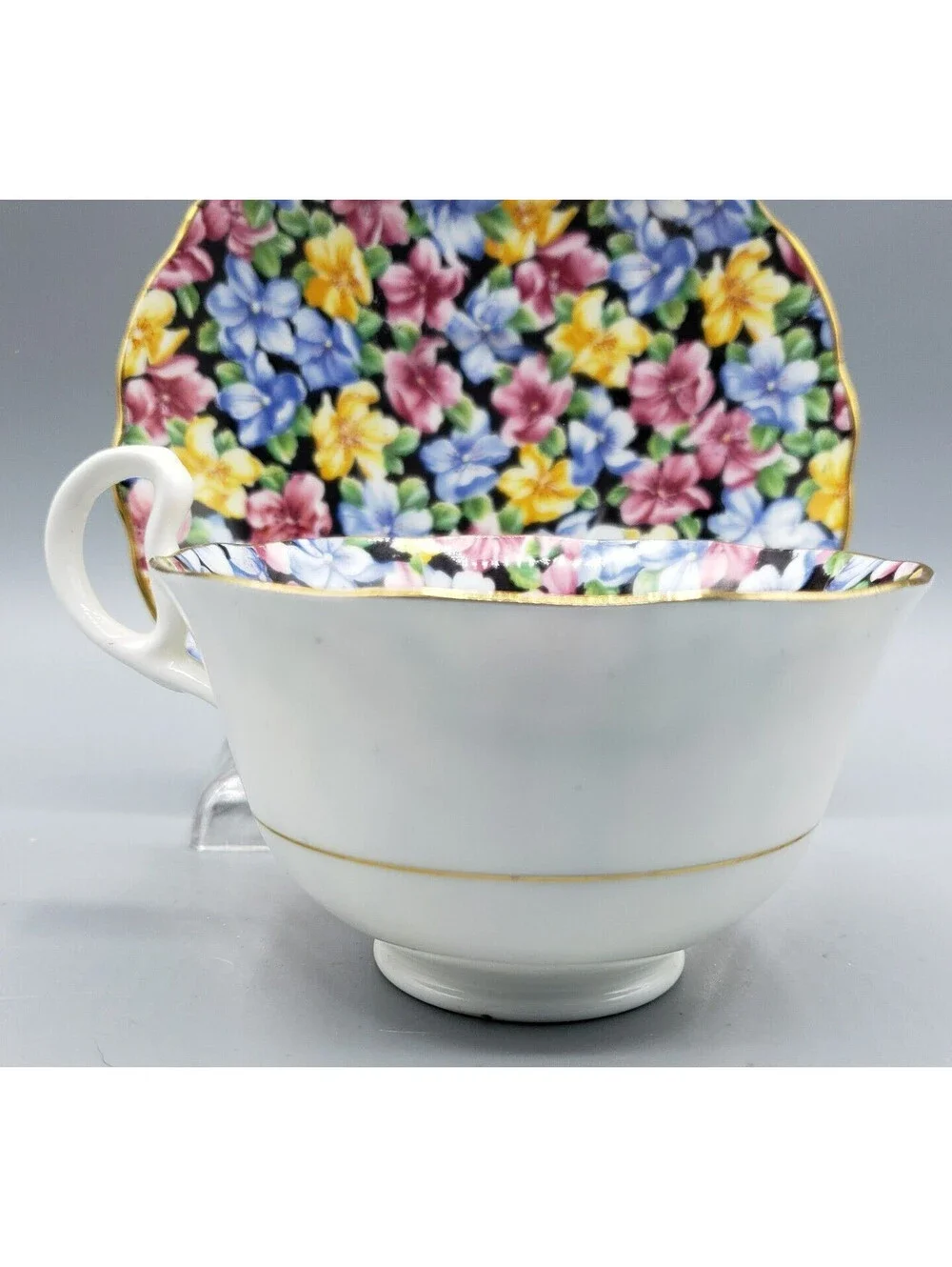 Vtg Radfords Teacup & Saucer Chintz Bone China England 8561 Pink Blue Yellow